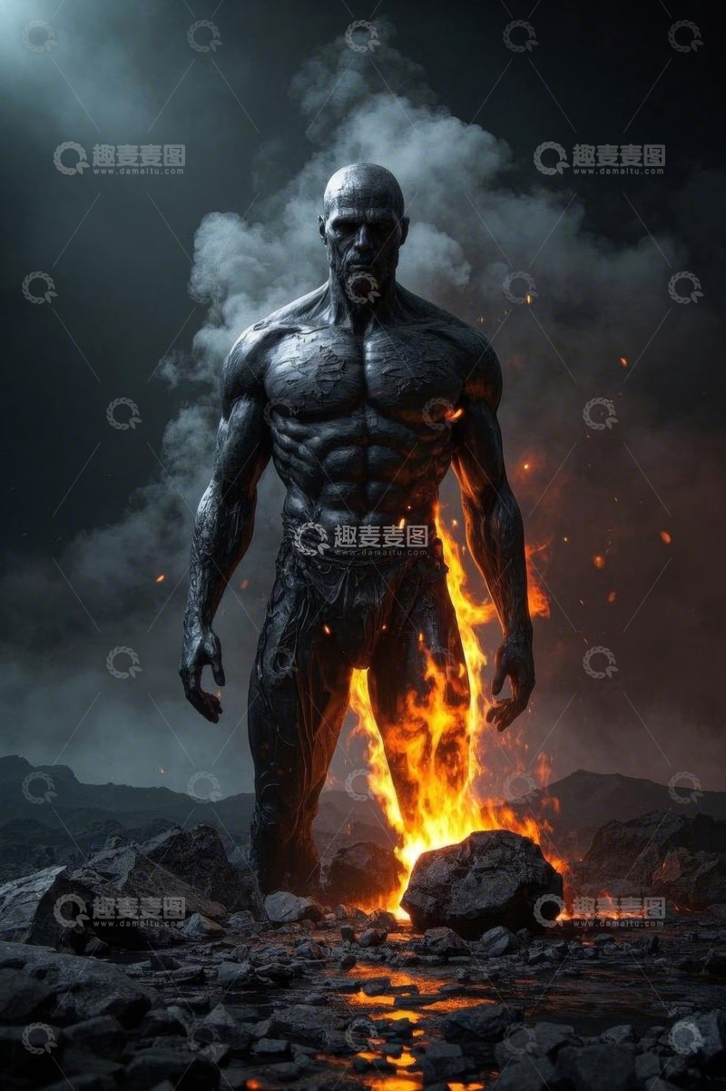 高清大图下载【趣麦麦图】肌肉男子于火焰岩石场景中