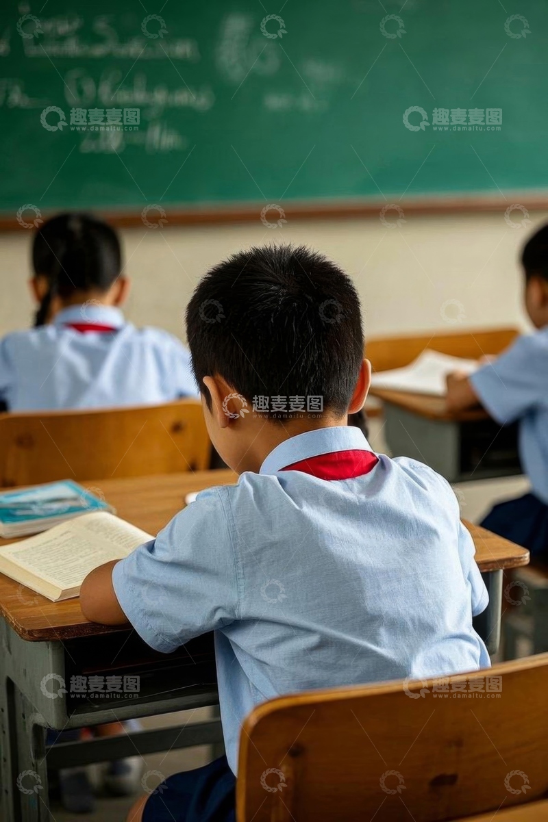 高清大图下载【趣麦麦图】小学生在教室伏案看书