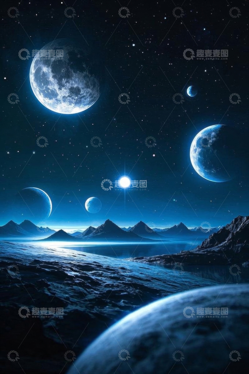 高清大图下载【趣麦麦图】星空下的行星与山脉景观