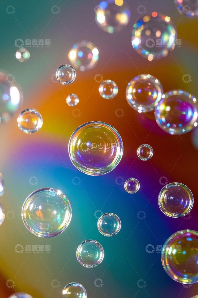 高清大图下载【趣麦麦图】彩色背景下漂浮的透明气泡