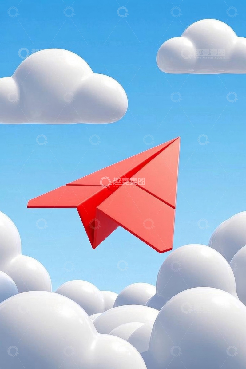 高清大图下载【趣麦麦图】红色纸飞机在云端飞行