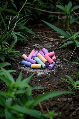户外地面上的彩色粉笔堆