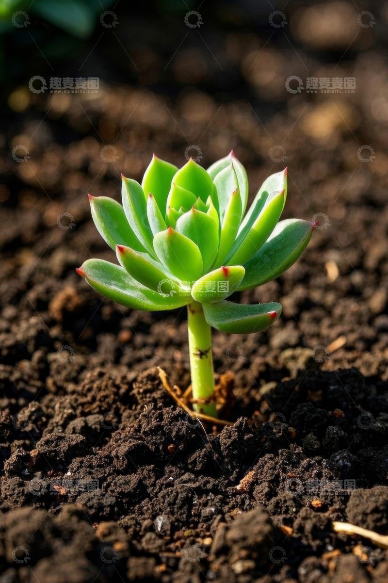高清大图下载【趣麦麦图】土壤中生长的绿色多肉植物