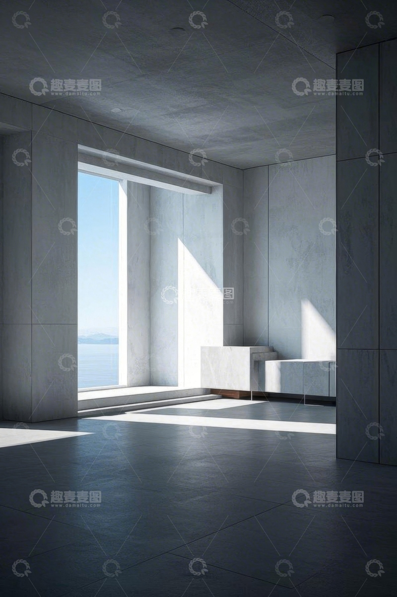 高清大图下载【趣麦麦图】现代室内空旷空间与窗外海景