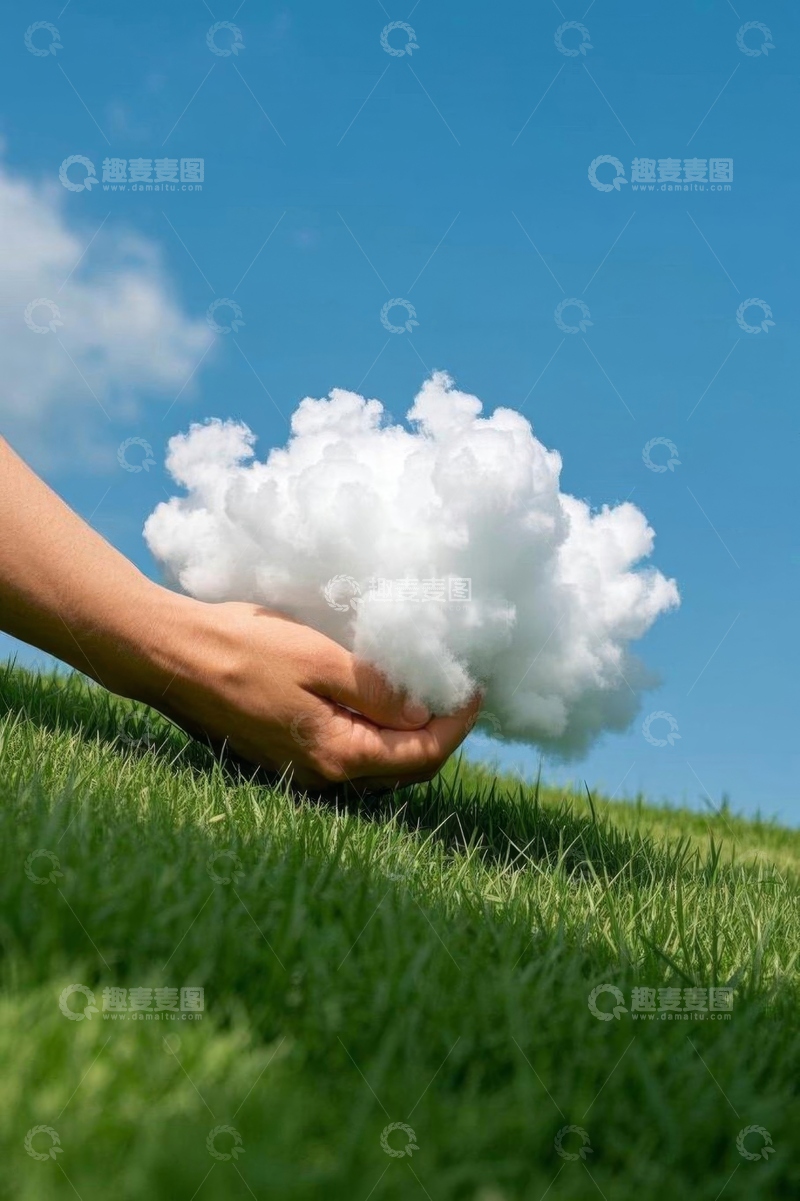 高清大图下载【趣麦麦图】手捧云朵的草地场景