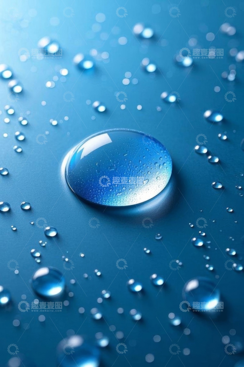 高清大图下载【趣麦麦图】蓝色背景上的水滴微距画面