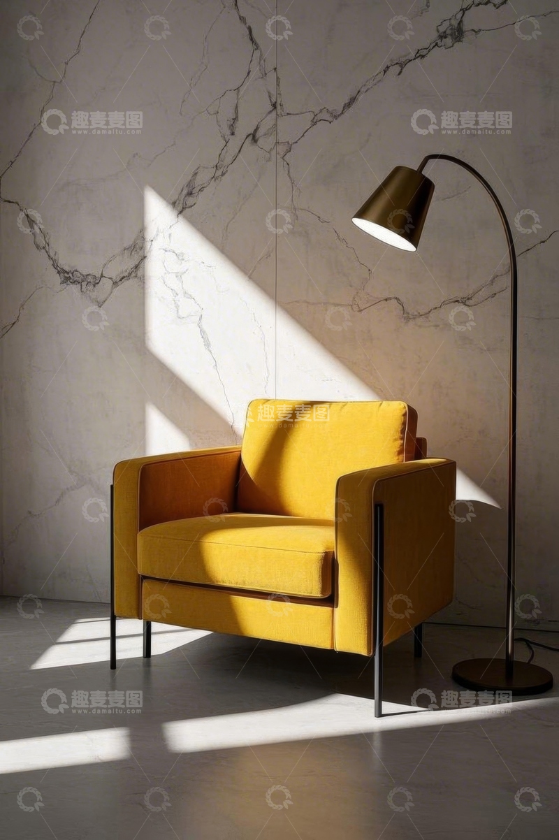 高清大图下载【趣麦麦图】现代风格室内黄色沙发与落地灯