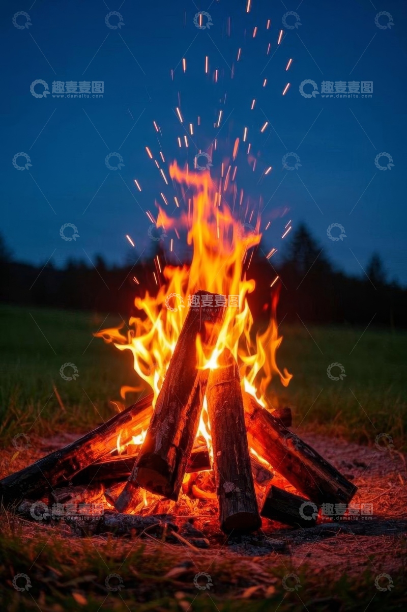 高清大图下载【趣麦麦图】户外草地篝火燃烧景象