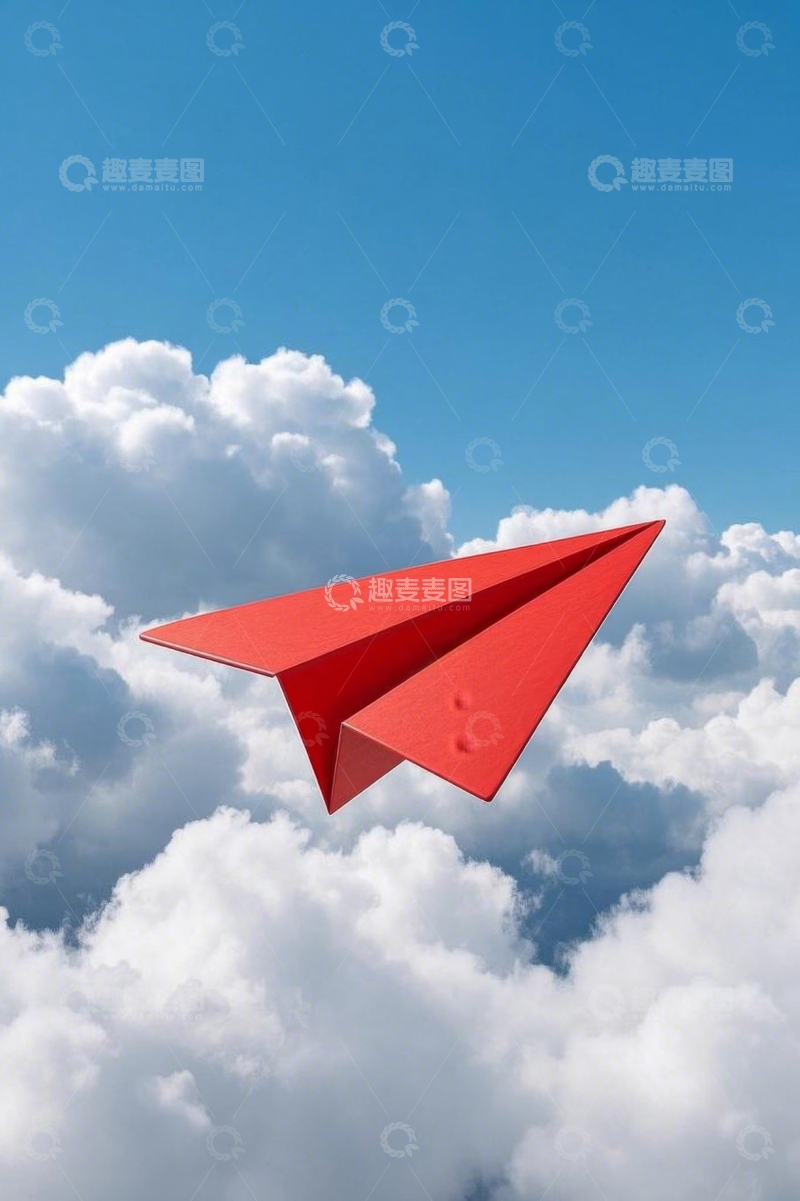 高清大图下载【趣麦麦图】红色纸飞机于蓝天白云中飞行