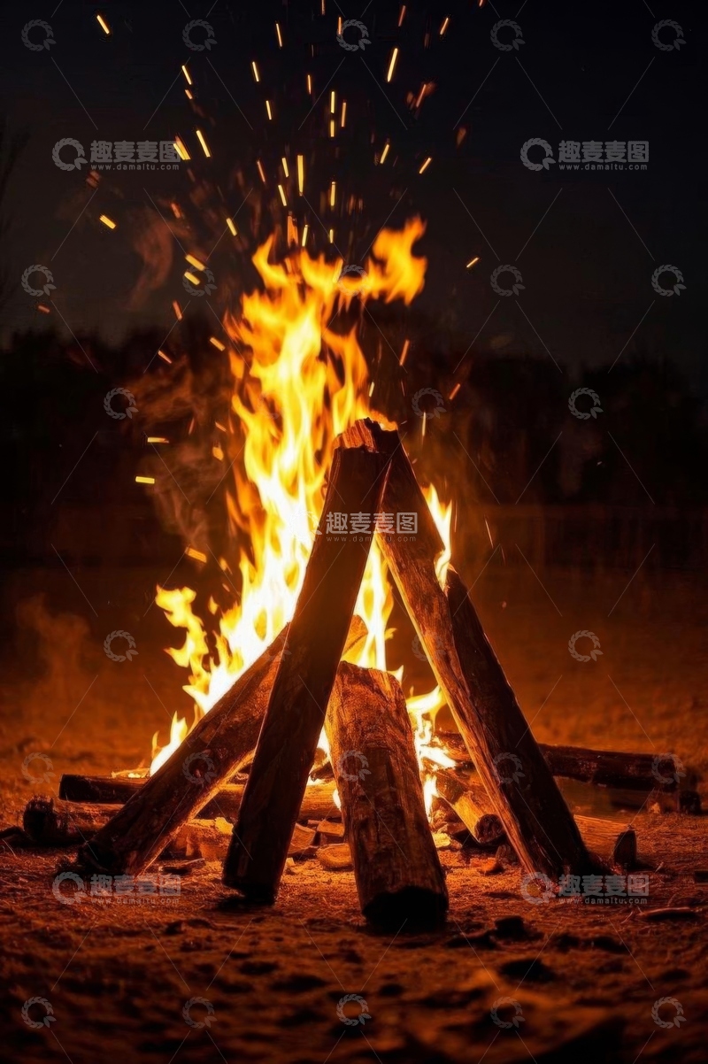 高清大图下载【趣麦麦图】夜晚户外燃烧的篝火