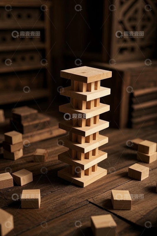 木质积木塔及散落积木