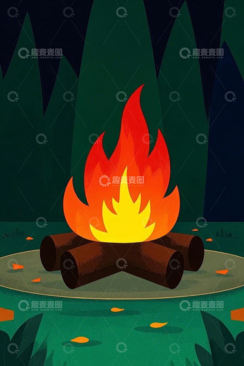 高清大图下载【趣麦麦图】户外森林中的篝火动画
