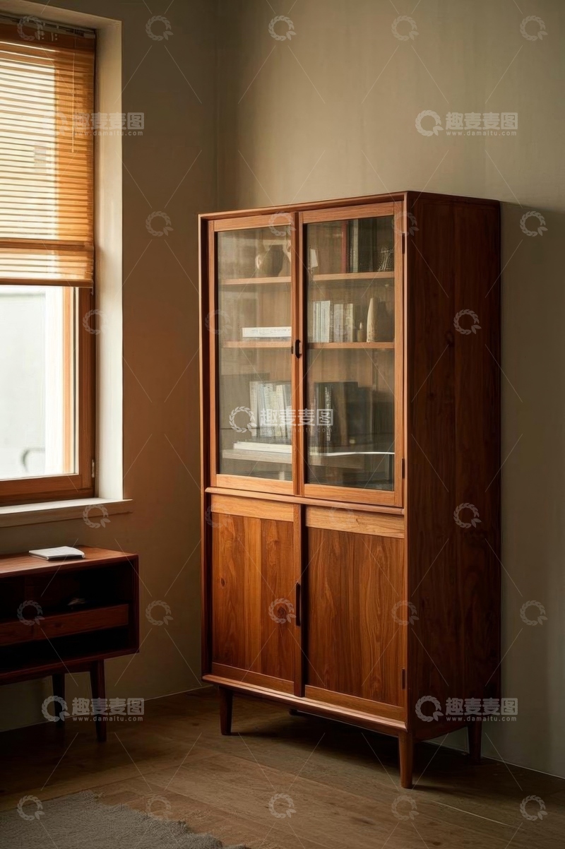 高清大图下载【趣麦麦图】室内木质玻璃双门书柜场景