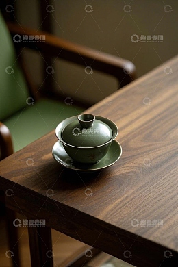 中式木桌放置的青瓷茶具