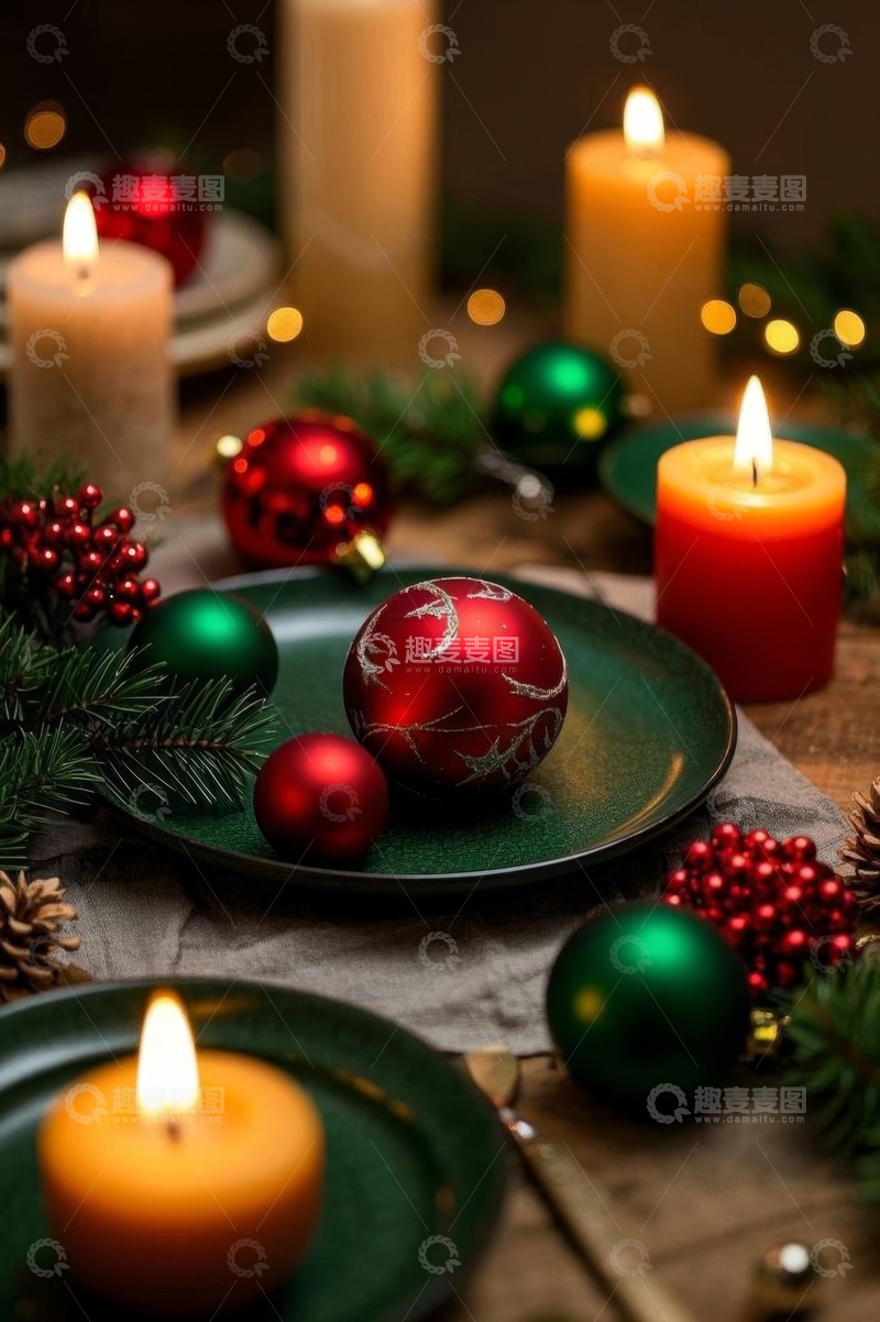 高清大图下载【趣麦麦图】圣诞餐桌装饰与蜡烛场景