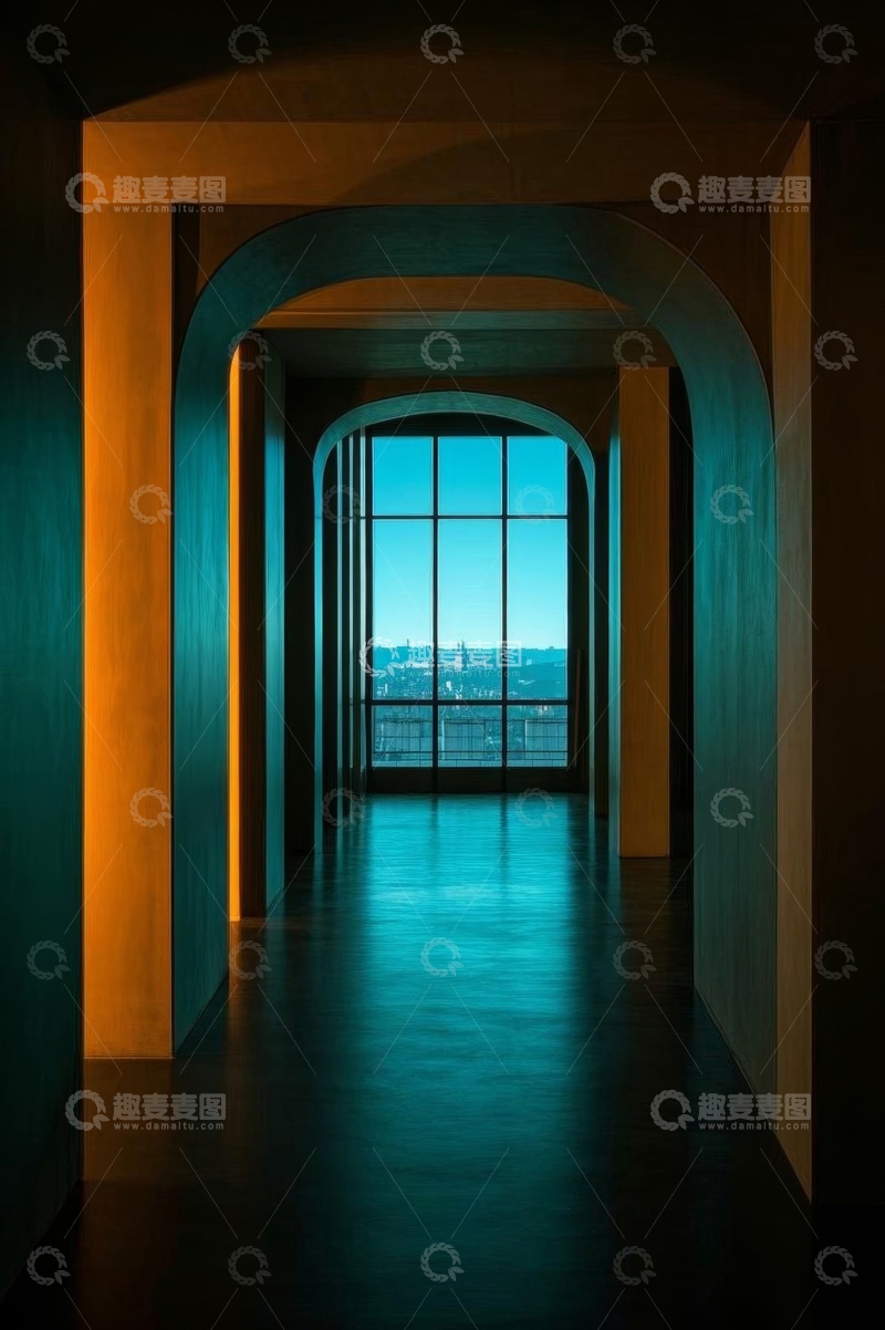高清大图下载【趣麦麦图】现代建筑内走廊与窗外城市景观