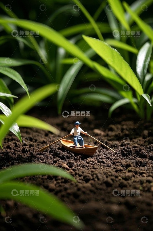 微缩场景中划船的人物与绿植