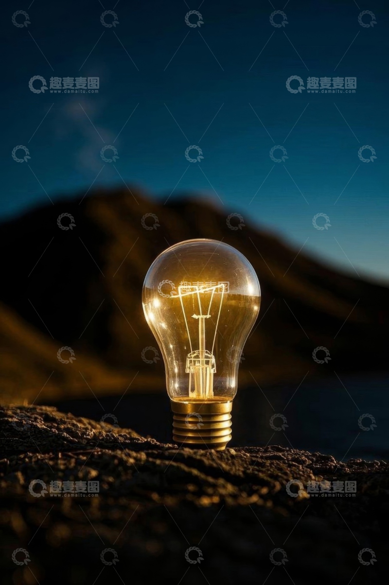 高清大图下载【趣麦麦图】户外岩石上发光的灯泡