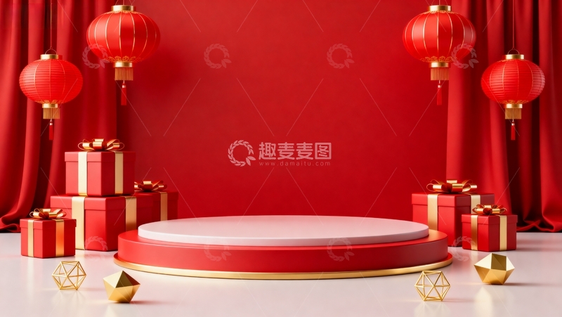 高清大图下载【趣麦麦图】喜庆春节展示台礼品布置场景