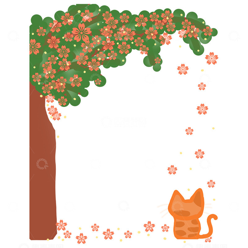 高清大图下载【趣麦麦图】春日樱花树下橘猫插画