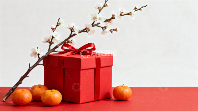 高清大图下载【趣麦麦图】红色礼盒梅花橘子节日装饰