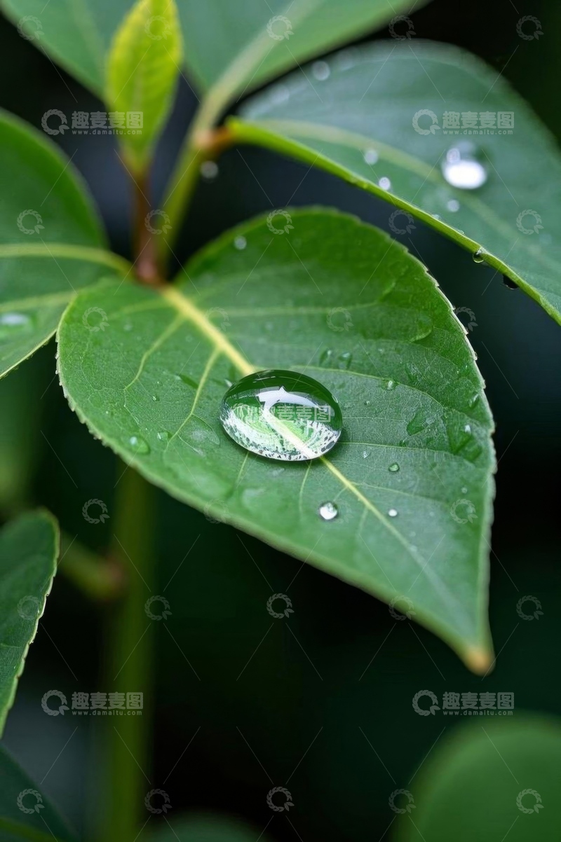 高清大图下载【趣麦麦图】绿叶上晶莹的水珠特写