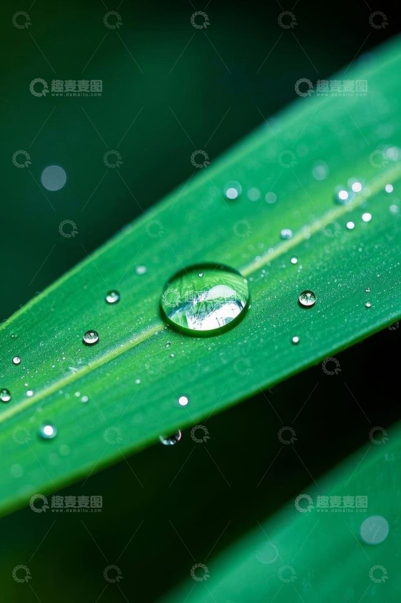 高清大图下载【趣麦麦图】绿叶上晶莹的水滴特写