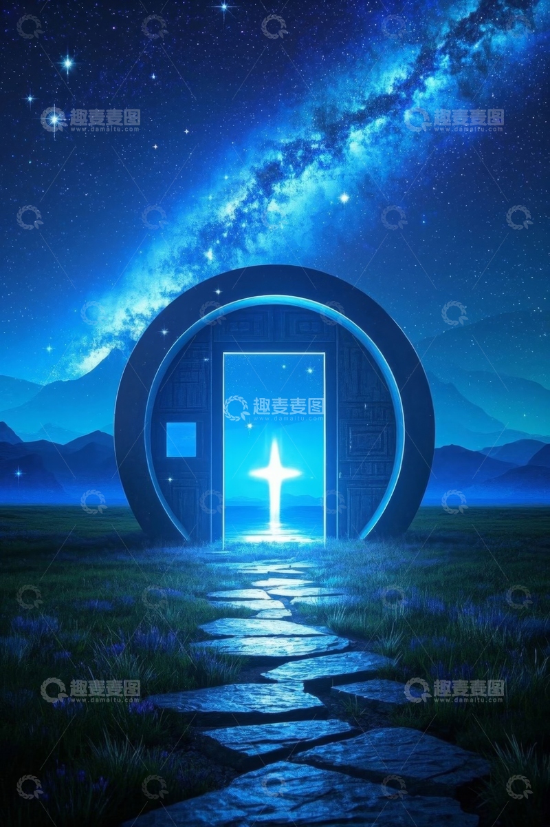 高清大图下载【趣麦麦图】星空下圆形门通往神秘光芒场景