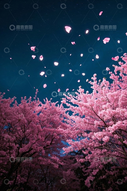 夜空下飘落的樱花
