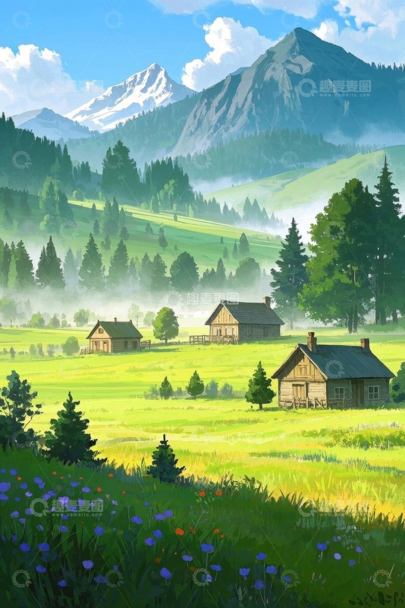 高清大图下载【趣麦麦图】山间草地木屋田园风光