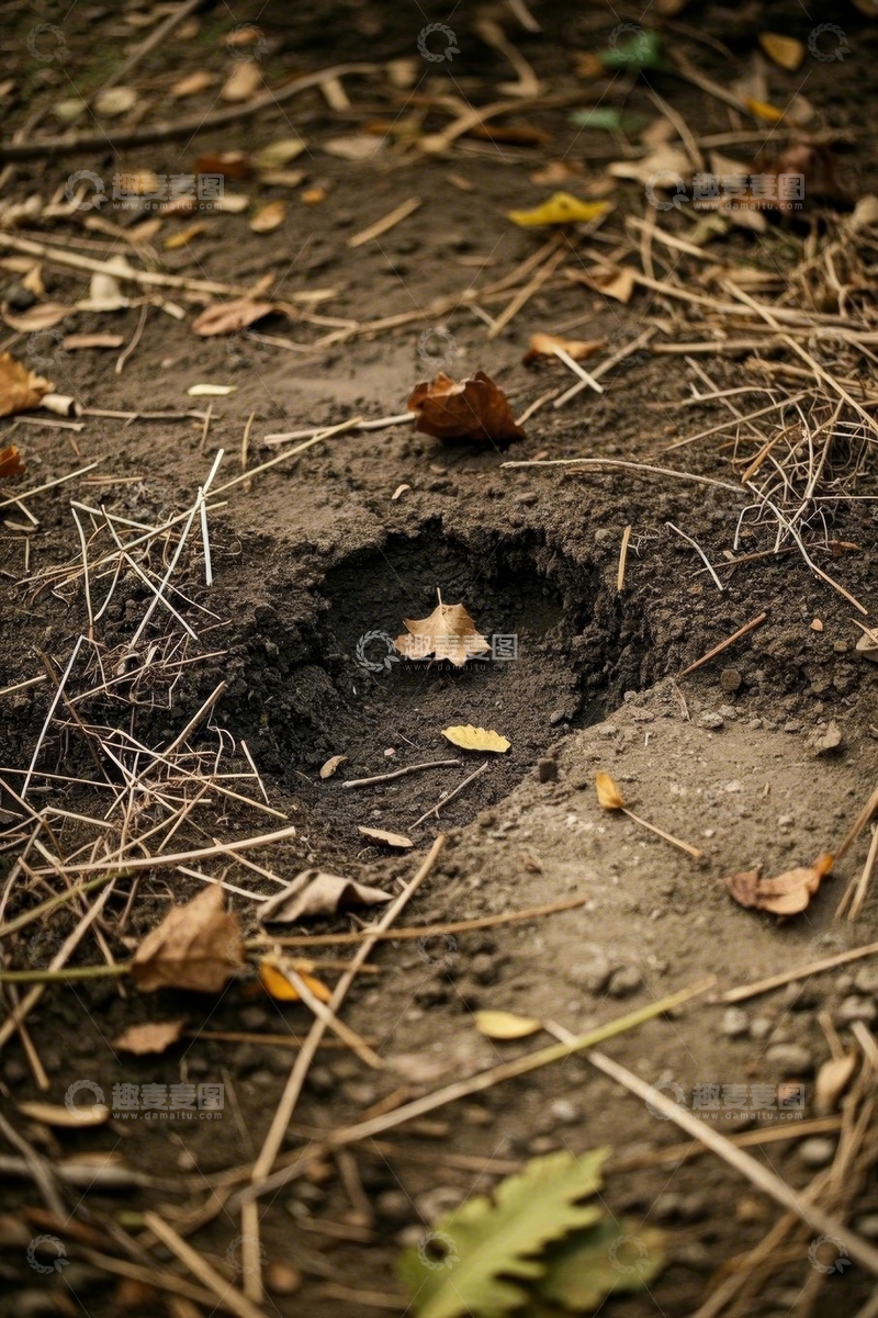 高清大图下载【趣麦麦图】地面上的泥土坑和落叶