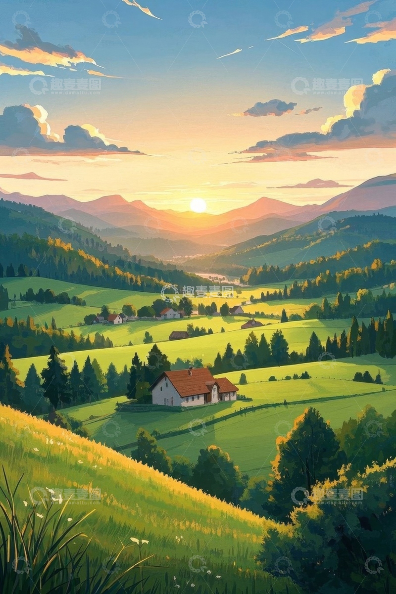 高清大图下载【趣麦麦图】田园山谷夕阳自然风光