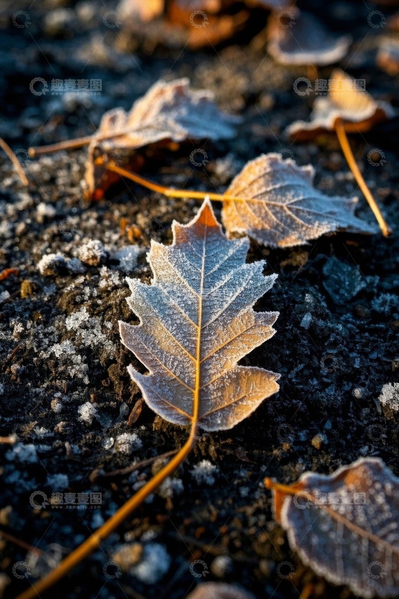 高清大图下载【趣麦麦图】户外覆霜秋叶微距特写