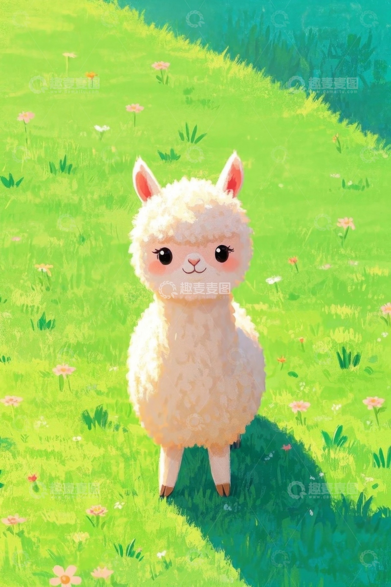 高清大图下载【趣麦麦图】草地上的可爱羊驼
