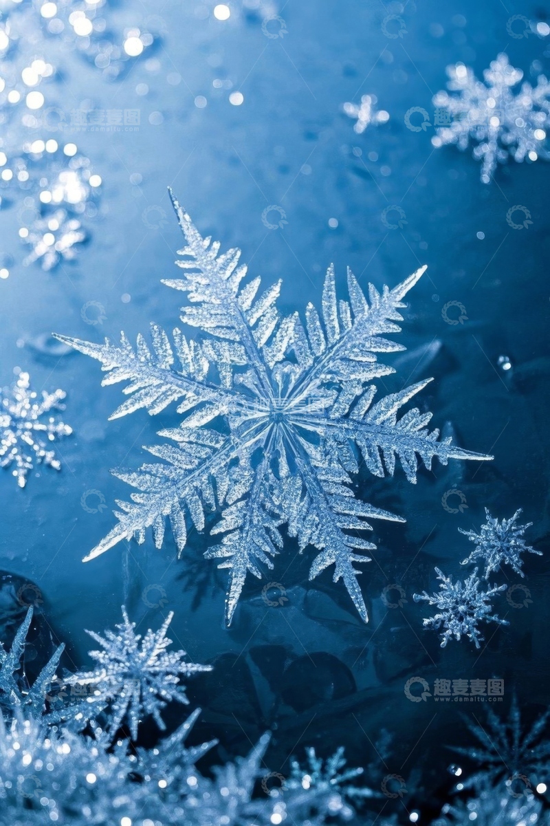 高清大图下载【趣麦麦图】蓝色背景下的雪花特写