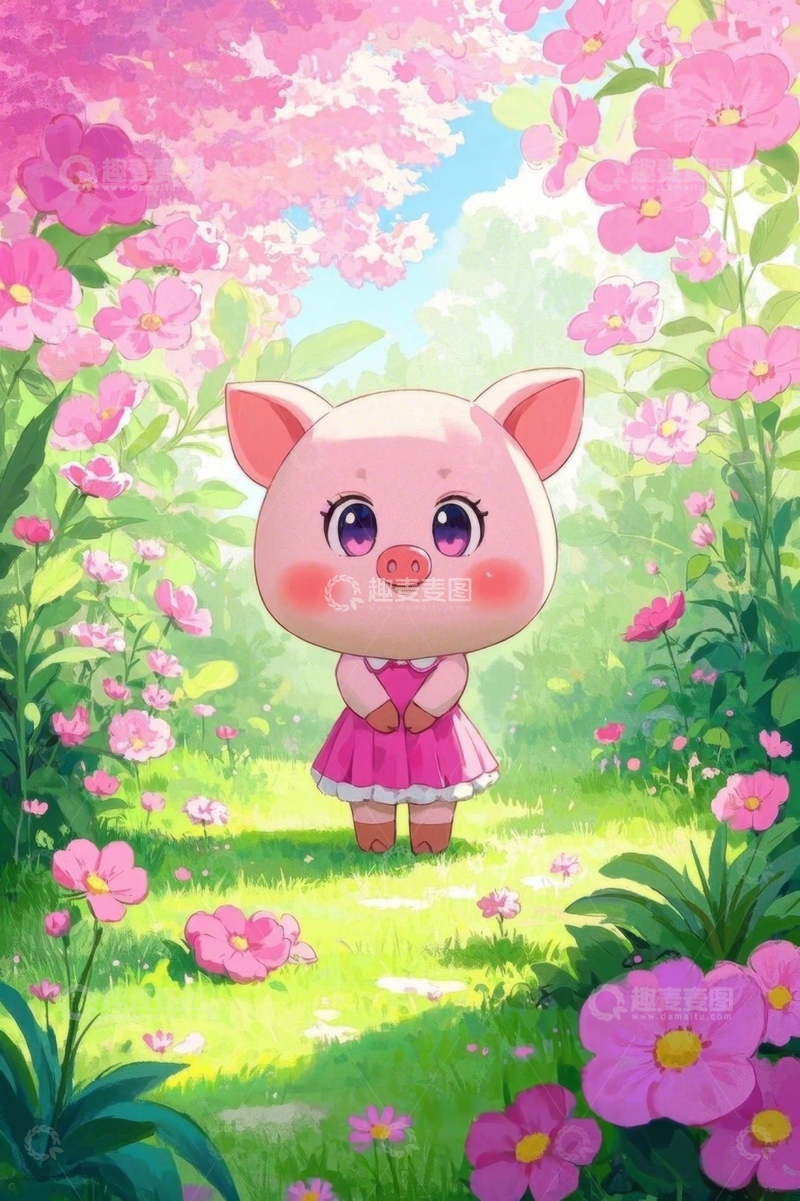 高清大图下载【趣麦麦图】花丛中穿粉裙的卡通小猪