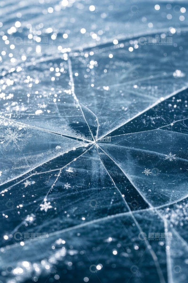 高清大图下载【趣麦麦图】冰面裂纹与雪花特写