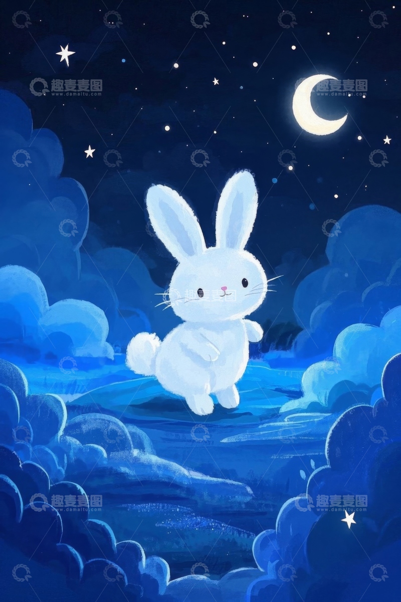 高清大图下载【趣麦麦图】月夜下的白兔插画素材