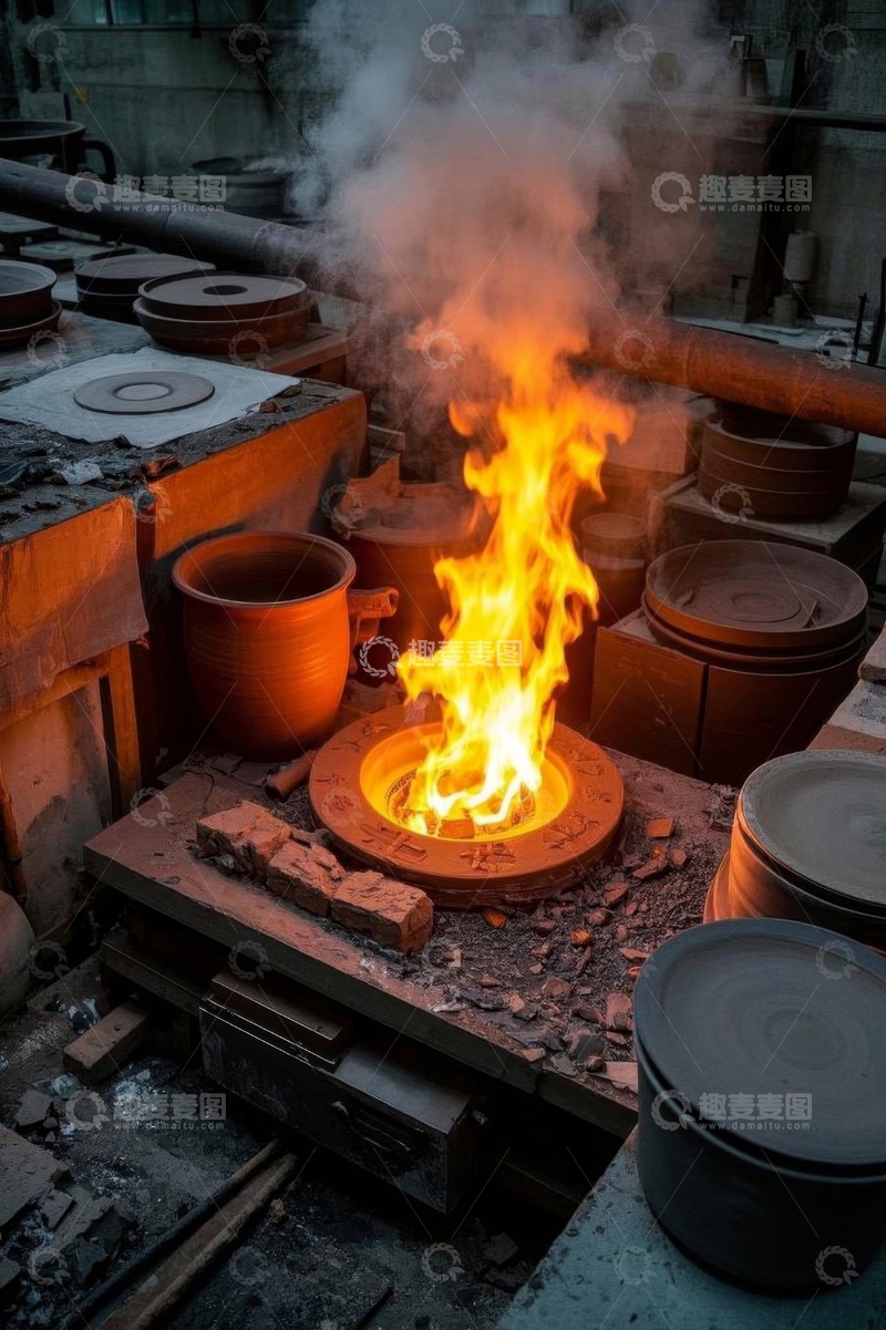 高清大图下载【趣麦麦图】室内燃烧火焰与陶瓷器皿场景