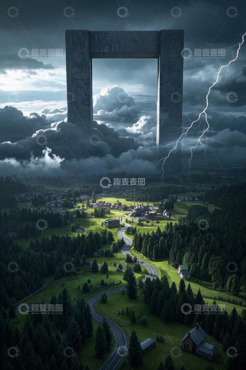 高清大图下载【趣麦麦图】-闪电乌云下的乡村风光
