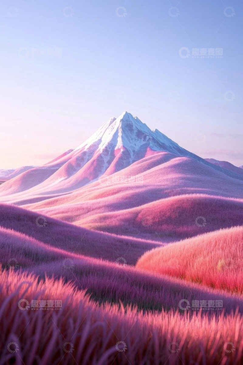 高清大图下载【趣麦麦图】粉色草甸与雪山自然景观