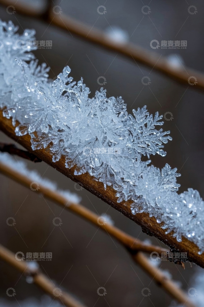 高清大图下载【趣麦麦图】树枝上的冰雪结晶特写