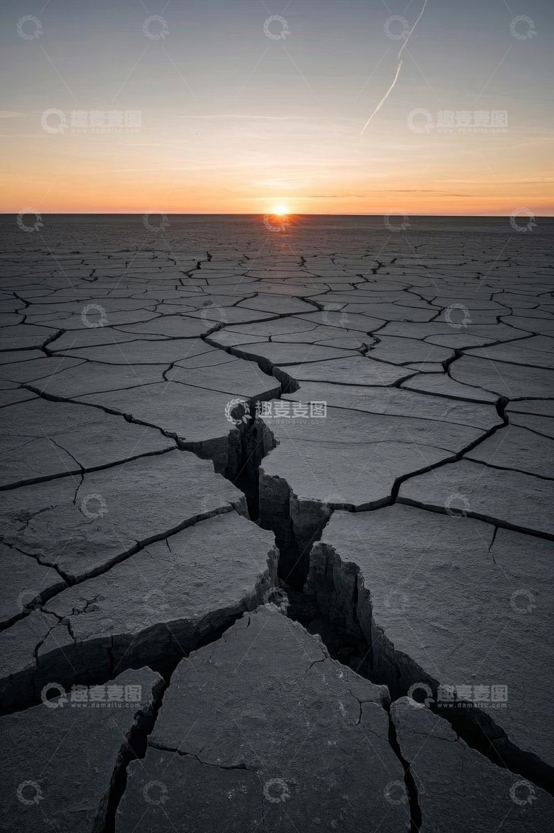 高清大图下载【趣麦麦图】干裂土地上的日落景象
