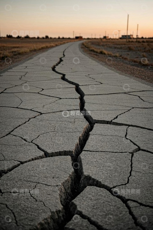 干裂地面道路与远方天际线