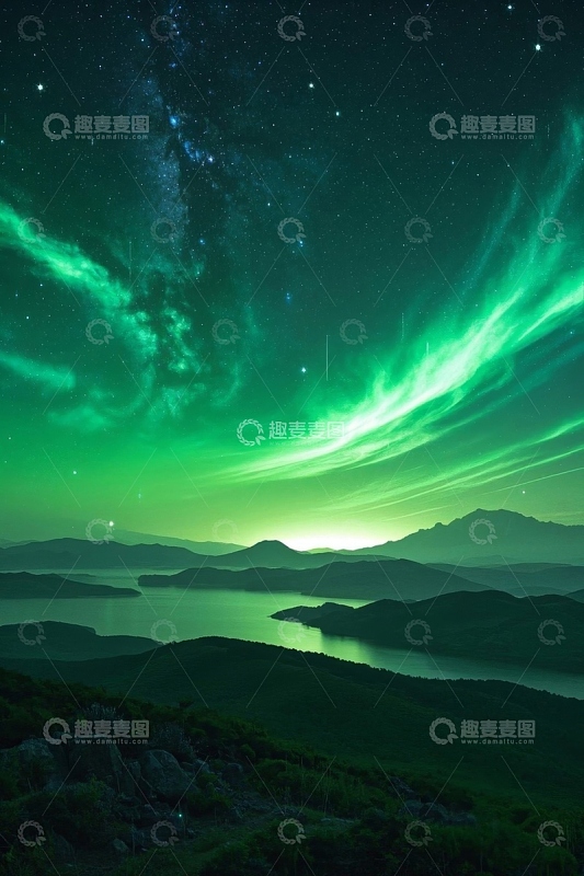夜空下的极光与山水景色