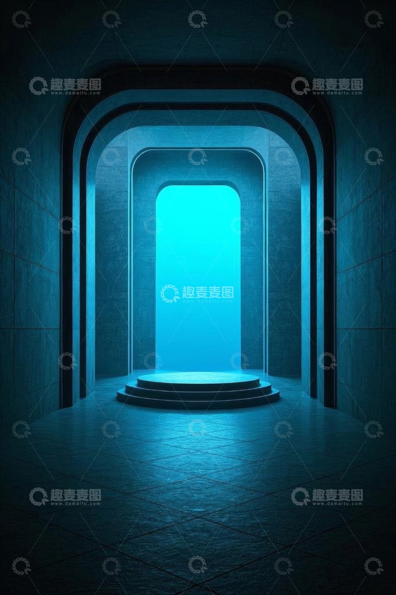 高清大图下载【趣麦麦图】-现代拱形通道尽头的蓝色光场景
