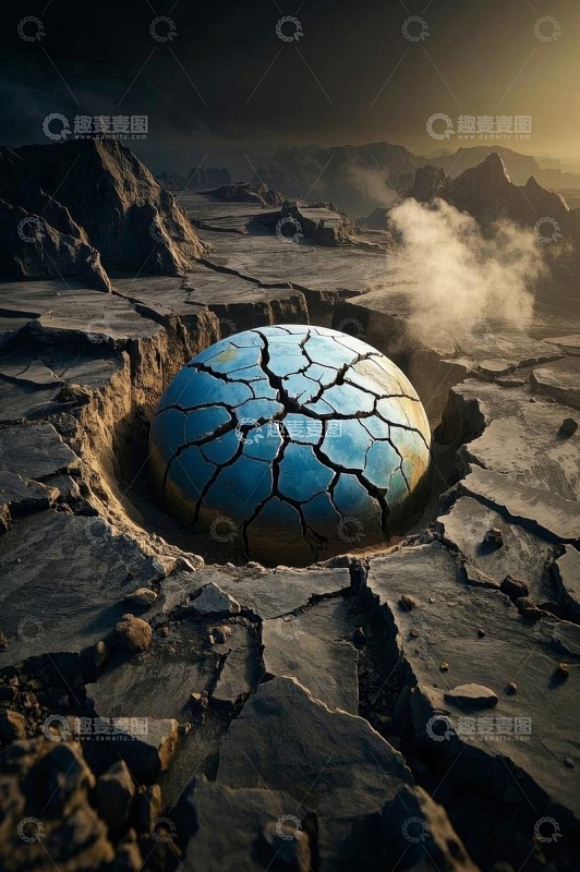 干裂土地上的蓝色球体景象