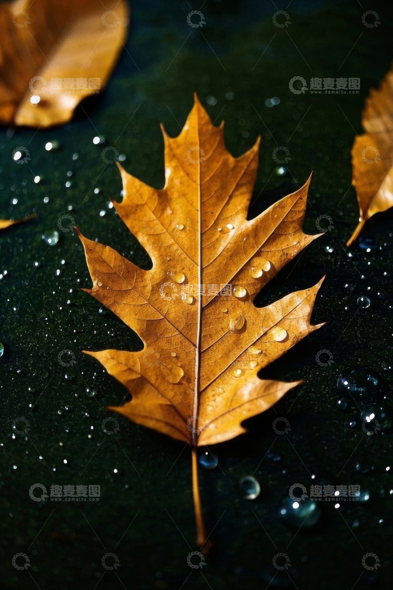 高清大图下载【趣麦麦图】带水珠的秋季落叶特写