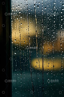 玻璃上雨滴与模糊背景