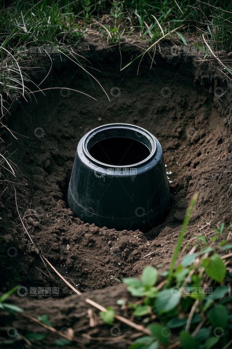 高清大图下载【趣麦麦图】户外泥土中放置的黑色容器